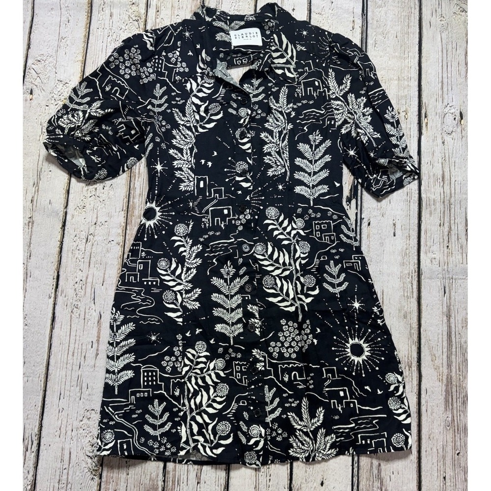 Claudie Pierlot Womens Linen Short Sleeve Mini Dress Black White Floral Sz 40 M